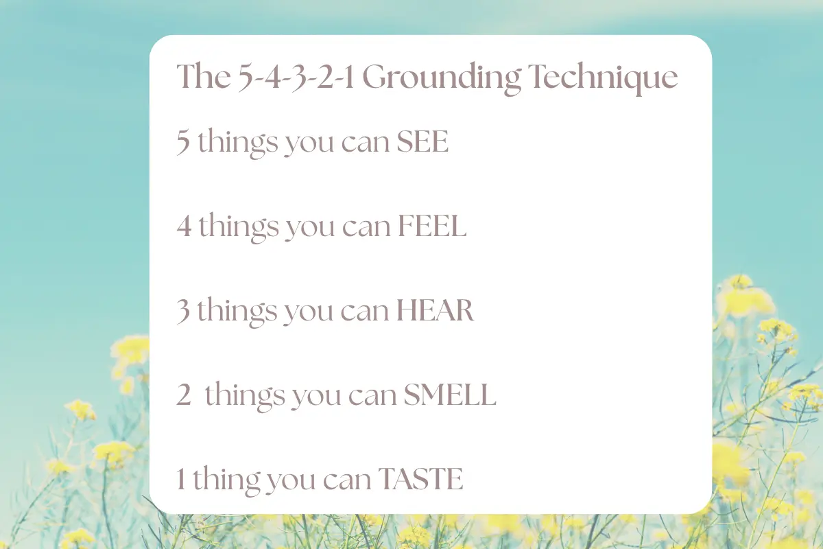 The 5-4-3-2-1 Grounding Technique
5 things you can see
4 things you can feel
3 things you can hear
2 things you can smell
1 thing you can taste